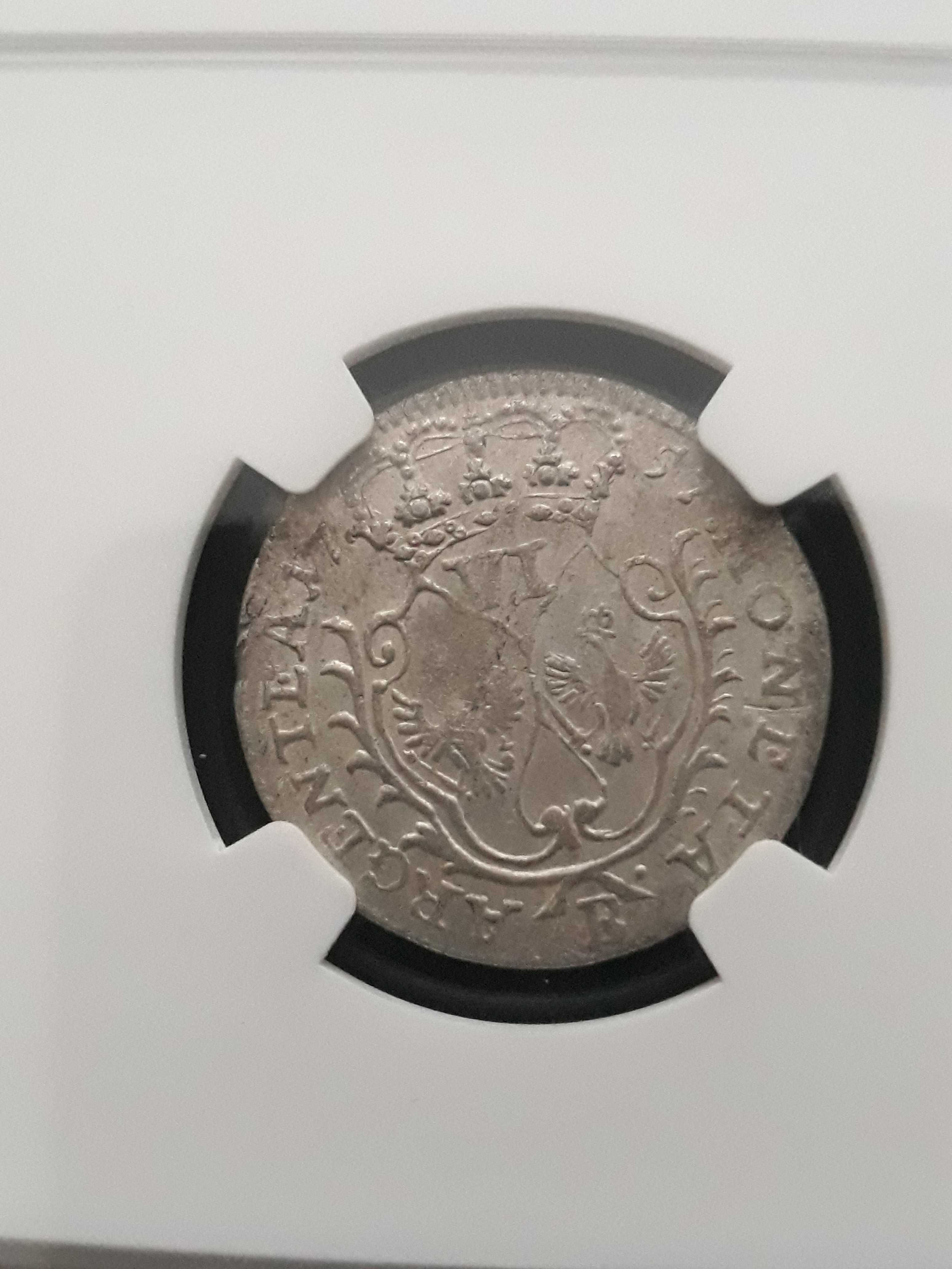 6 Groszy (krajcarów) 1757 r men. B- slab NGC - Ms-62