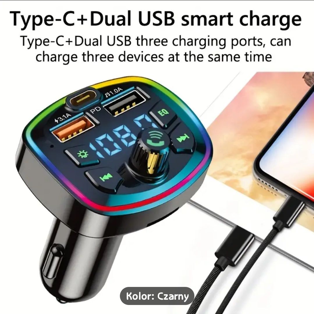 Transmiser FM MultiColor USB, USB-C woltomierz itd