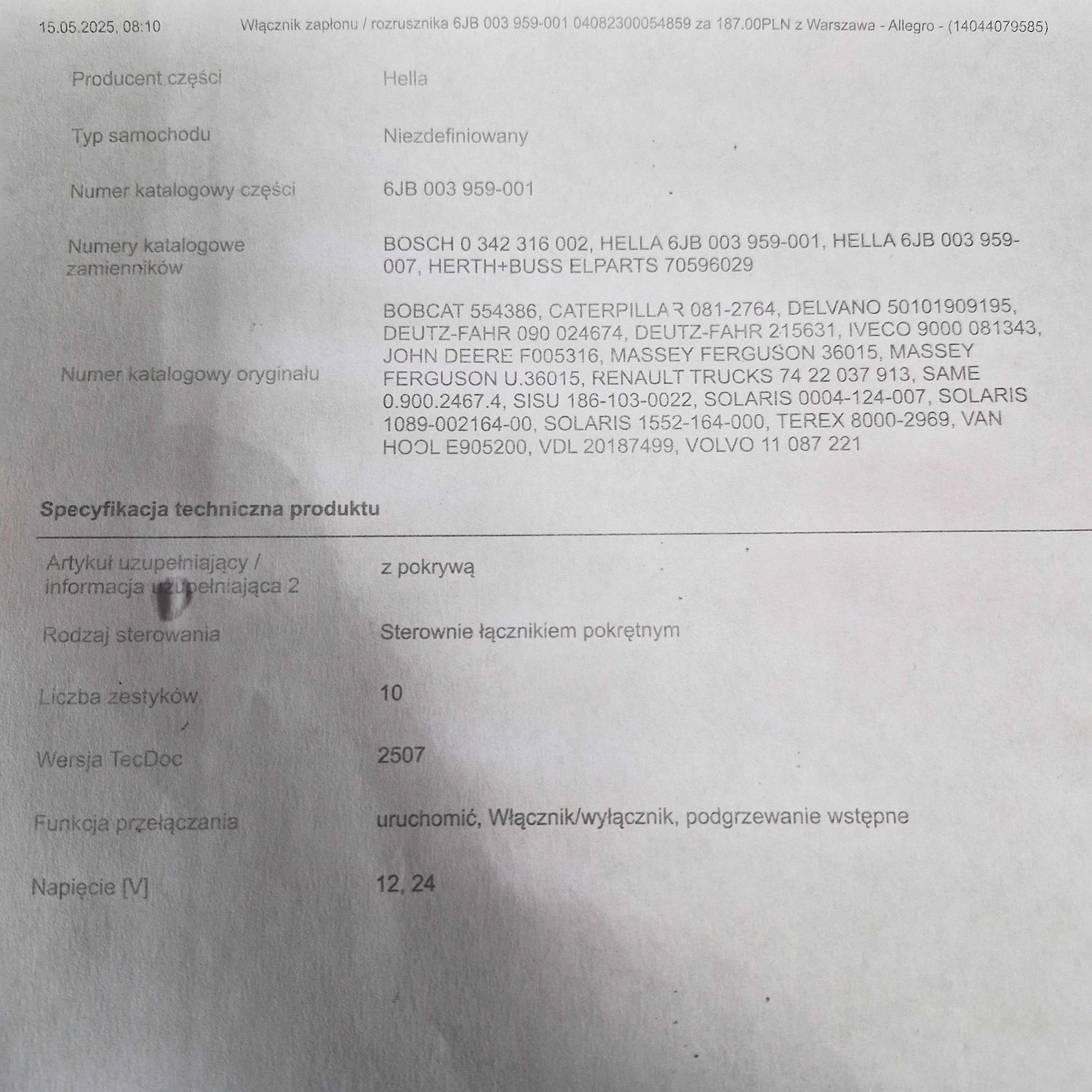 Włącznik zapłonu stacyjka