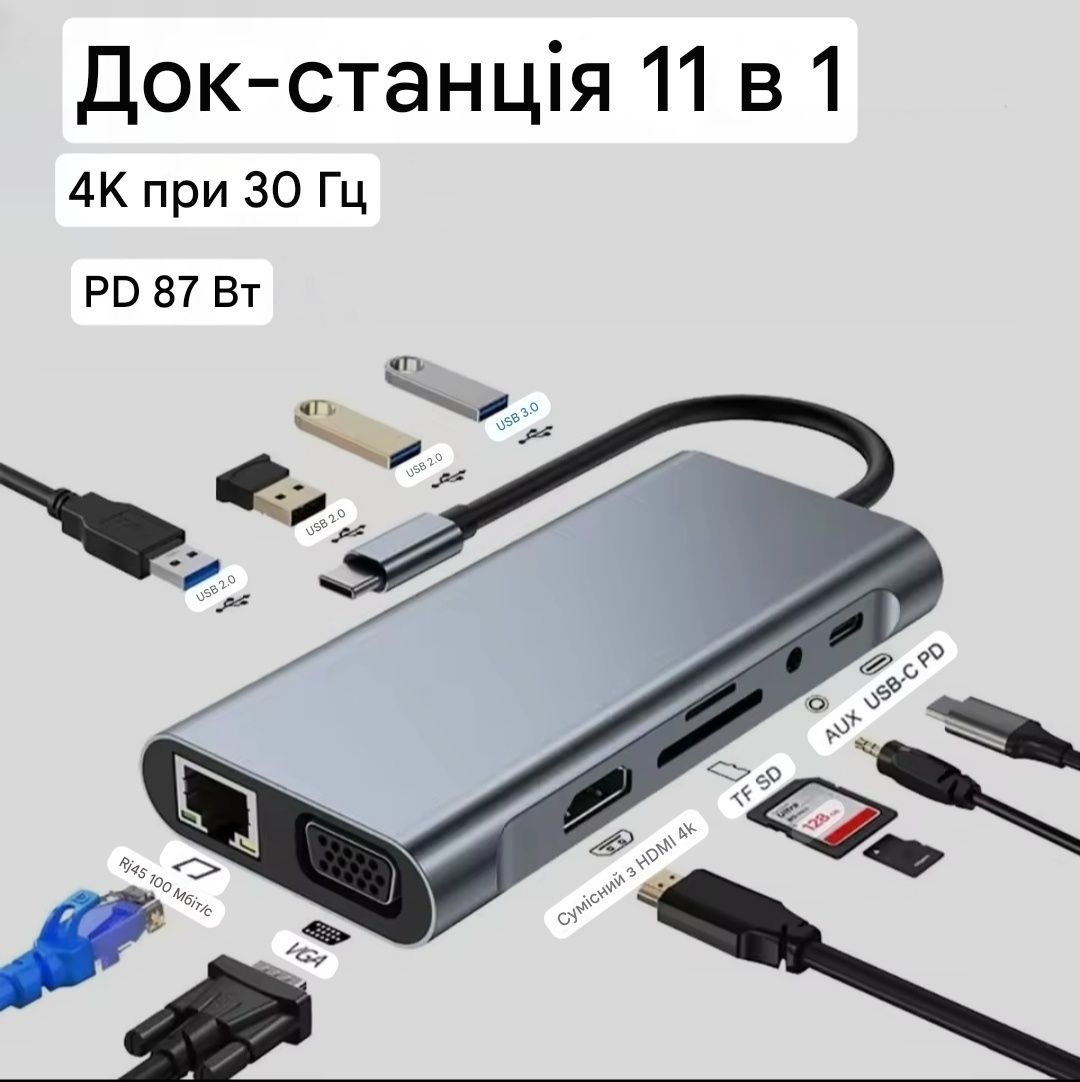 док-станция 11-в-1 поддержка 4K*30Hz, зарядка 87W PD. Концентратор,хаб