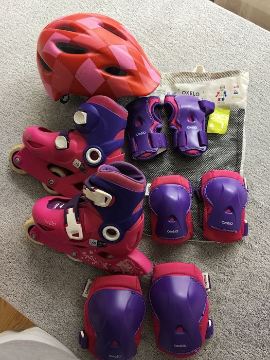 Zestaw rolki 26-28 ochraniacze 2xs oxelo i kask Kross XS różowe