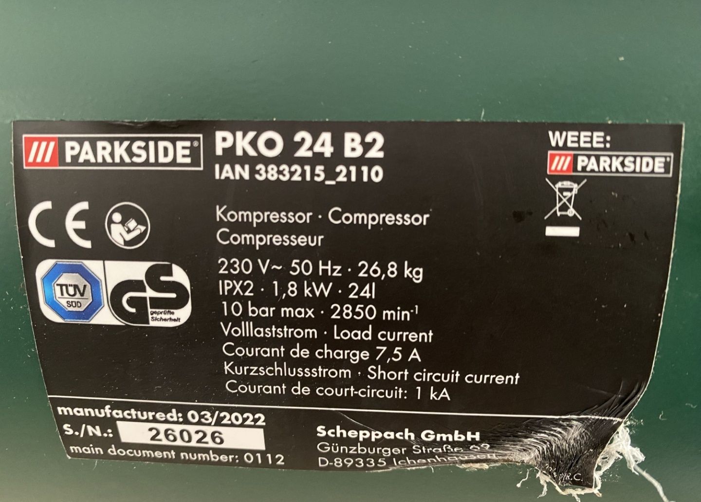 НОВ ОРИГИН компрессор сГерман Parkside PKO 24/компресор масляний/пневм