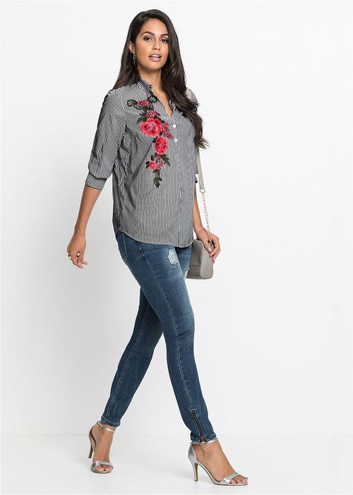 bonprix jeansowe spodnie damskie rurki skinny z przetarciami zamki 38