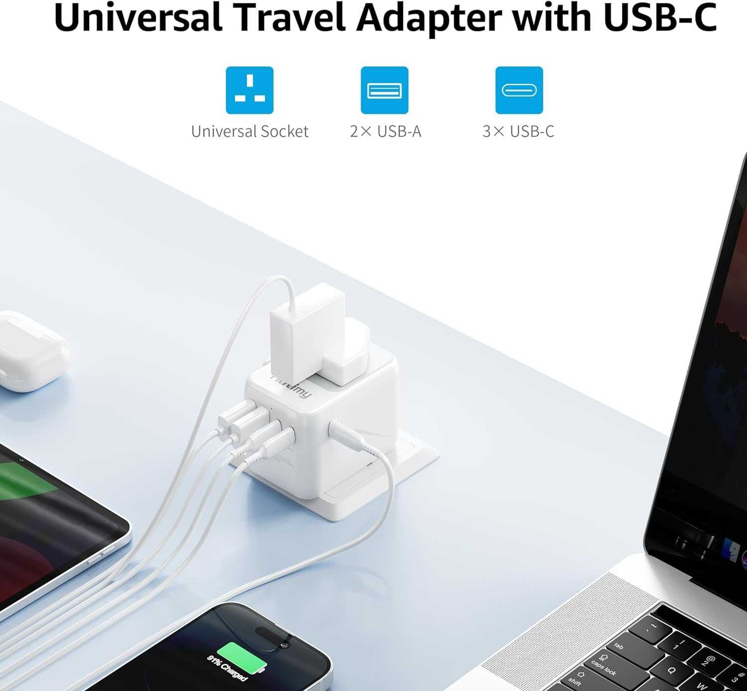 Adapter podróżny na cały świat z USB C usb szybkie ładowanie