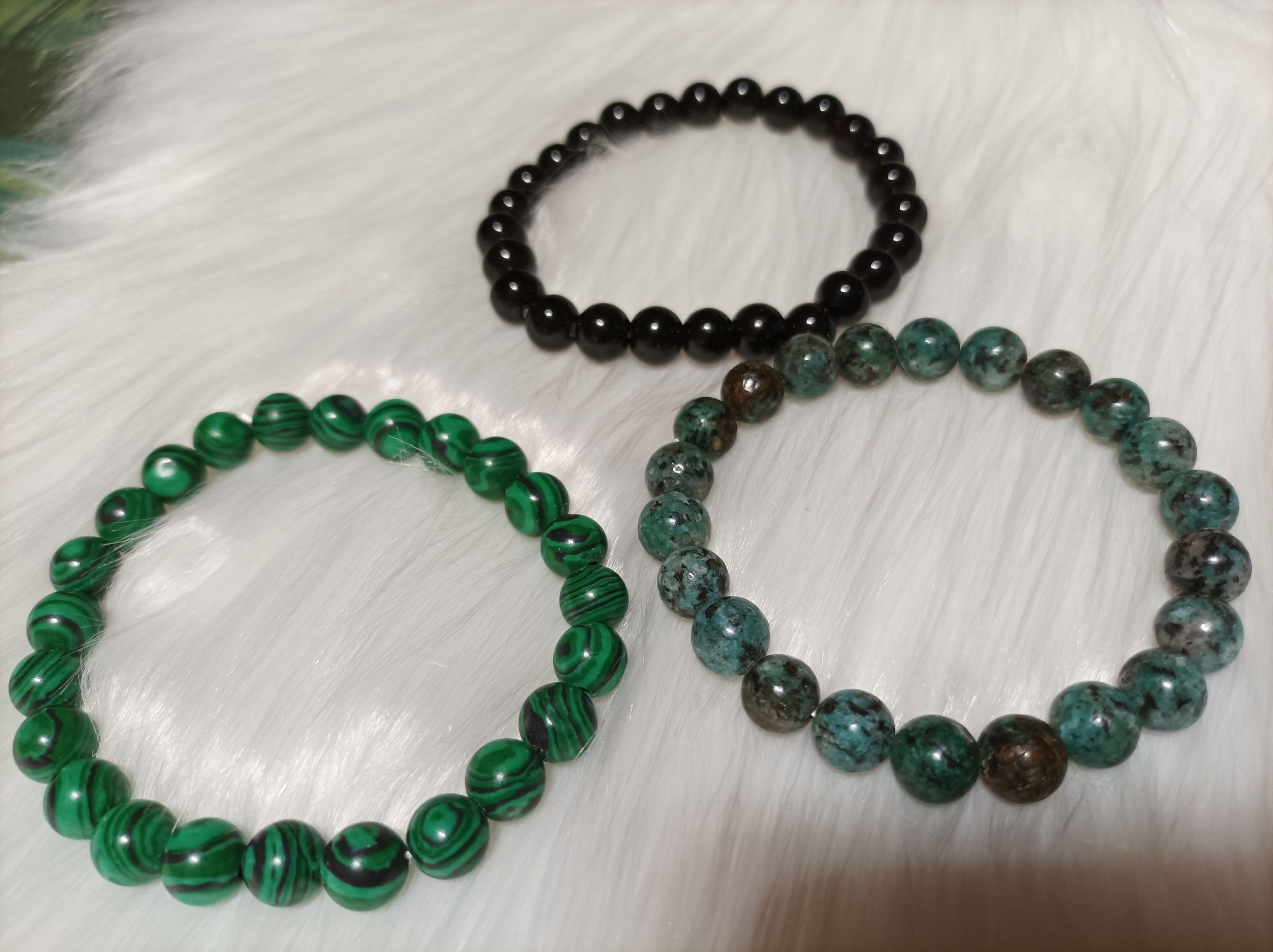 3 bransoletki z kamieni nat. Malachit+czarny Onyx+Jadelit zielony