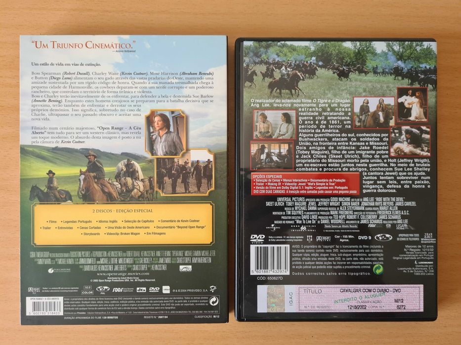 2 filmes em DVD de western: "Open Range" e "Cavalgar com o Diabo"