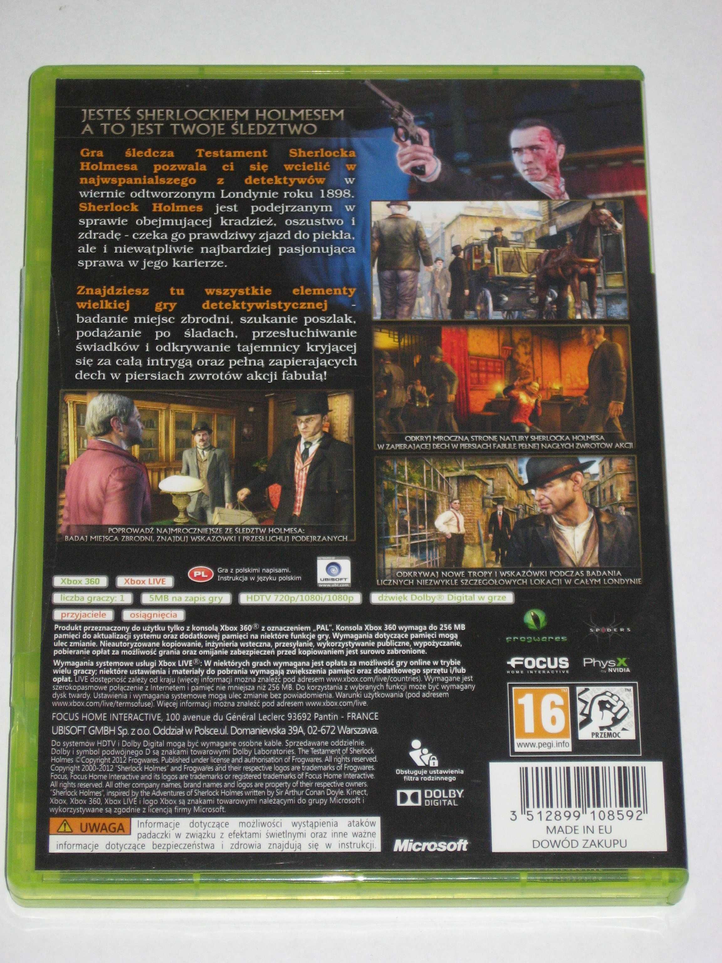 Gra Testament Sherlocka Holmesa Xbox360! 3xPL jak NOWA!  PL!