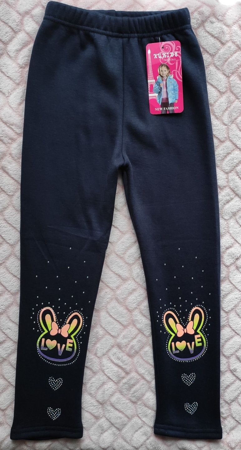 Nowe grube ocieplane legginsy granatowe cekiny uszy serduszka 110/116