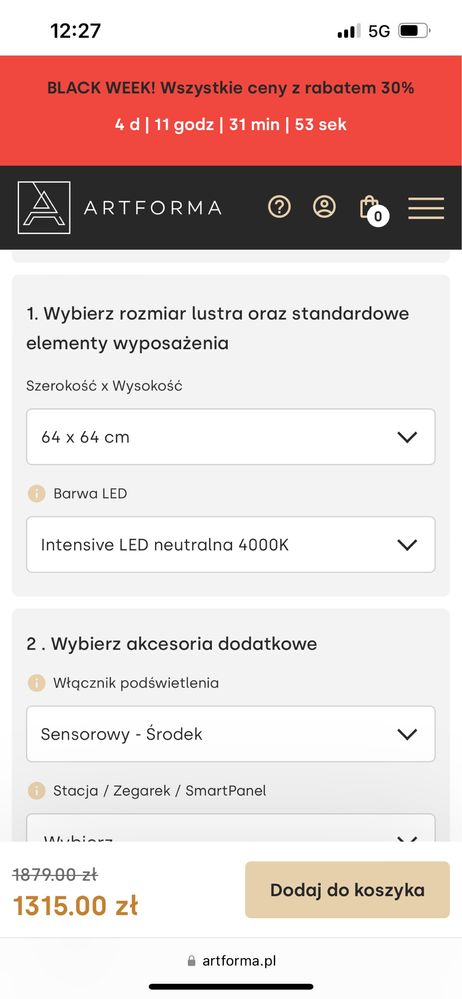 Lustro łazienkowe led 64x64 Artforma