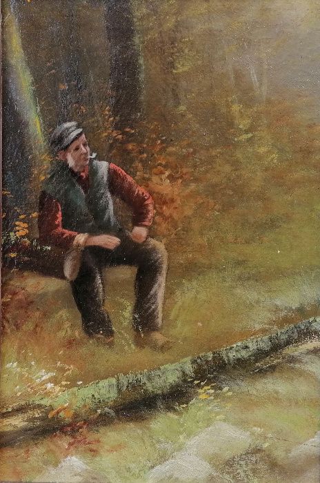 Odpoczynek w lesie, stary pejzaż olejny na płótnie