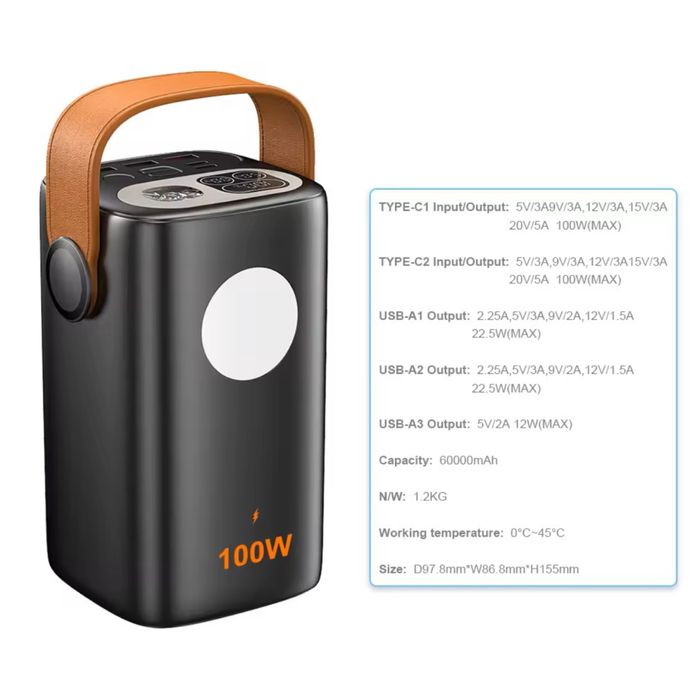 Power Bank 60000mAh (100W PD) | Для ноутбуку | Ліхтар | 5 9 12 15 20v