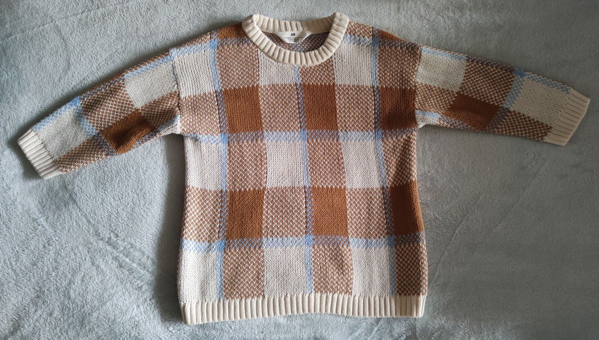 Ciepły sweter kremowo brązowy w kratkę H&M 98/104