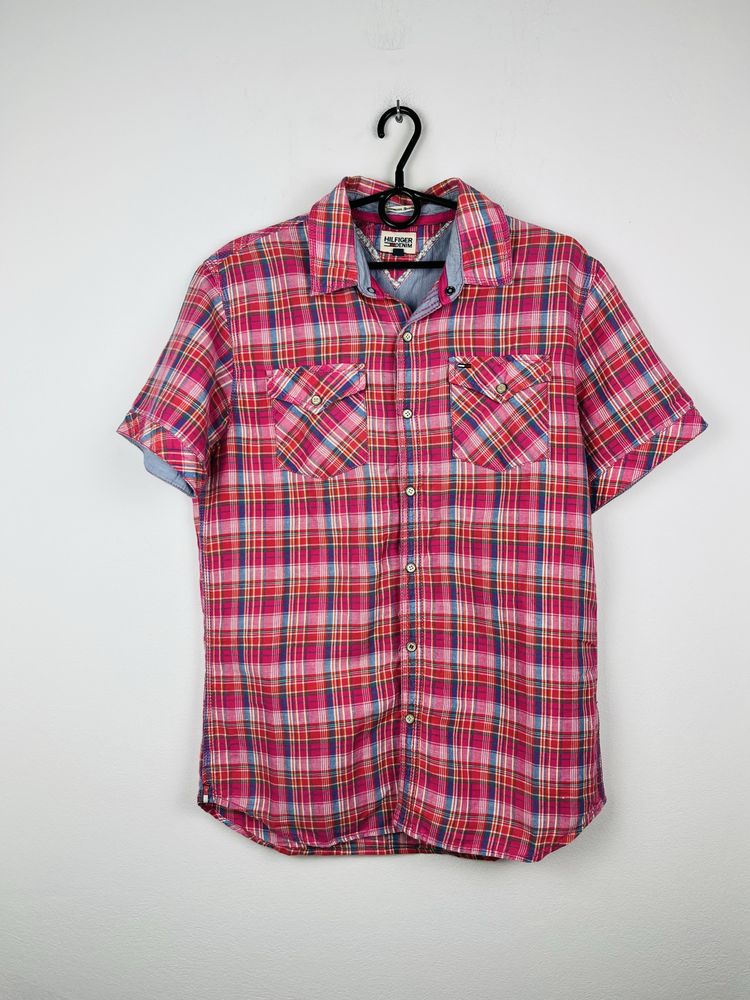 Różowa koszula w kratę z krótkim rękawe Hilfiger Denim rozmiar M fit L