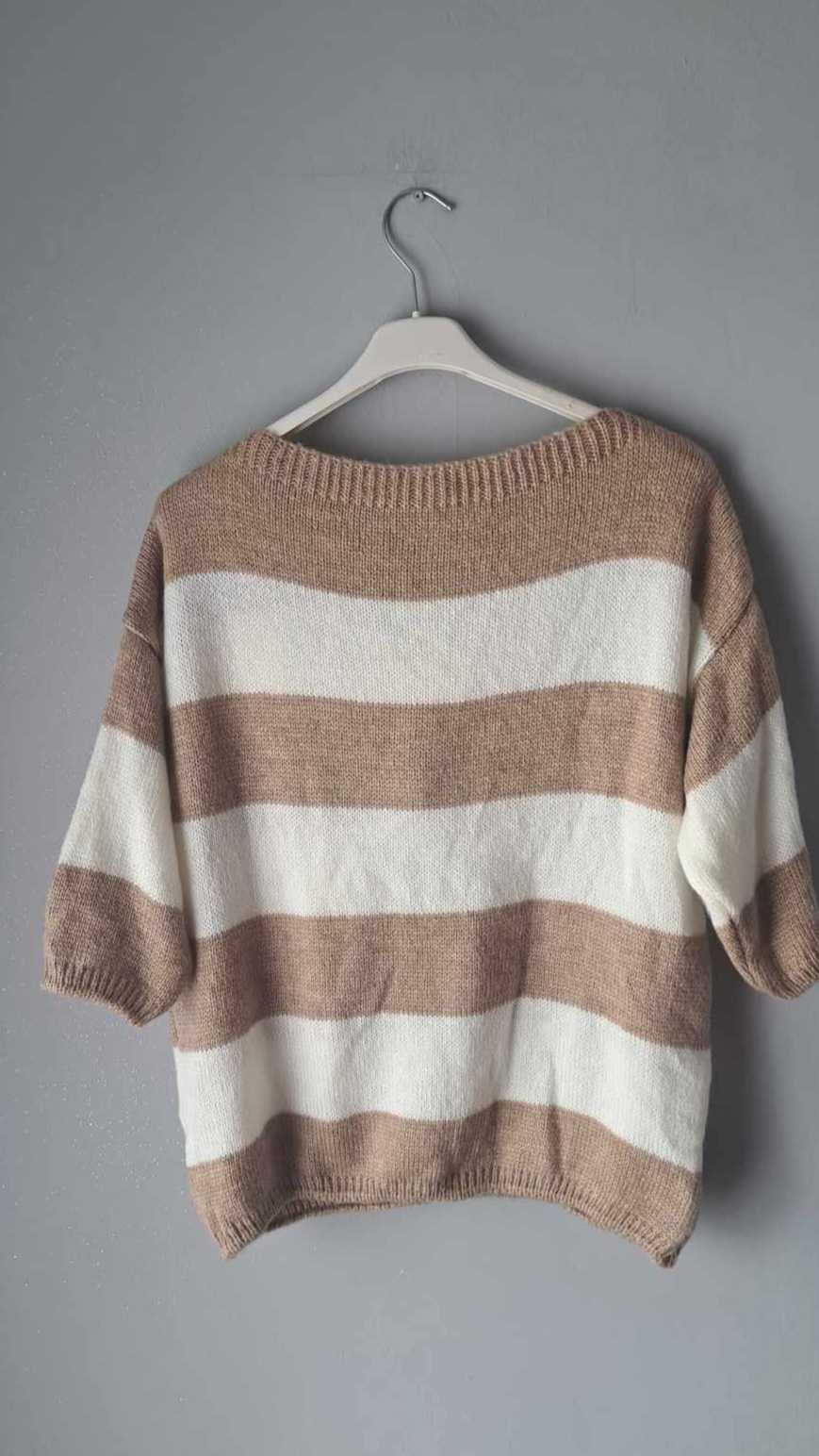 Kremowy brązowy sweter kokarda paski