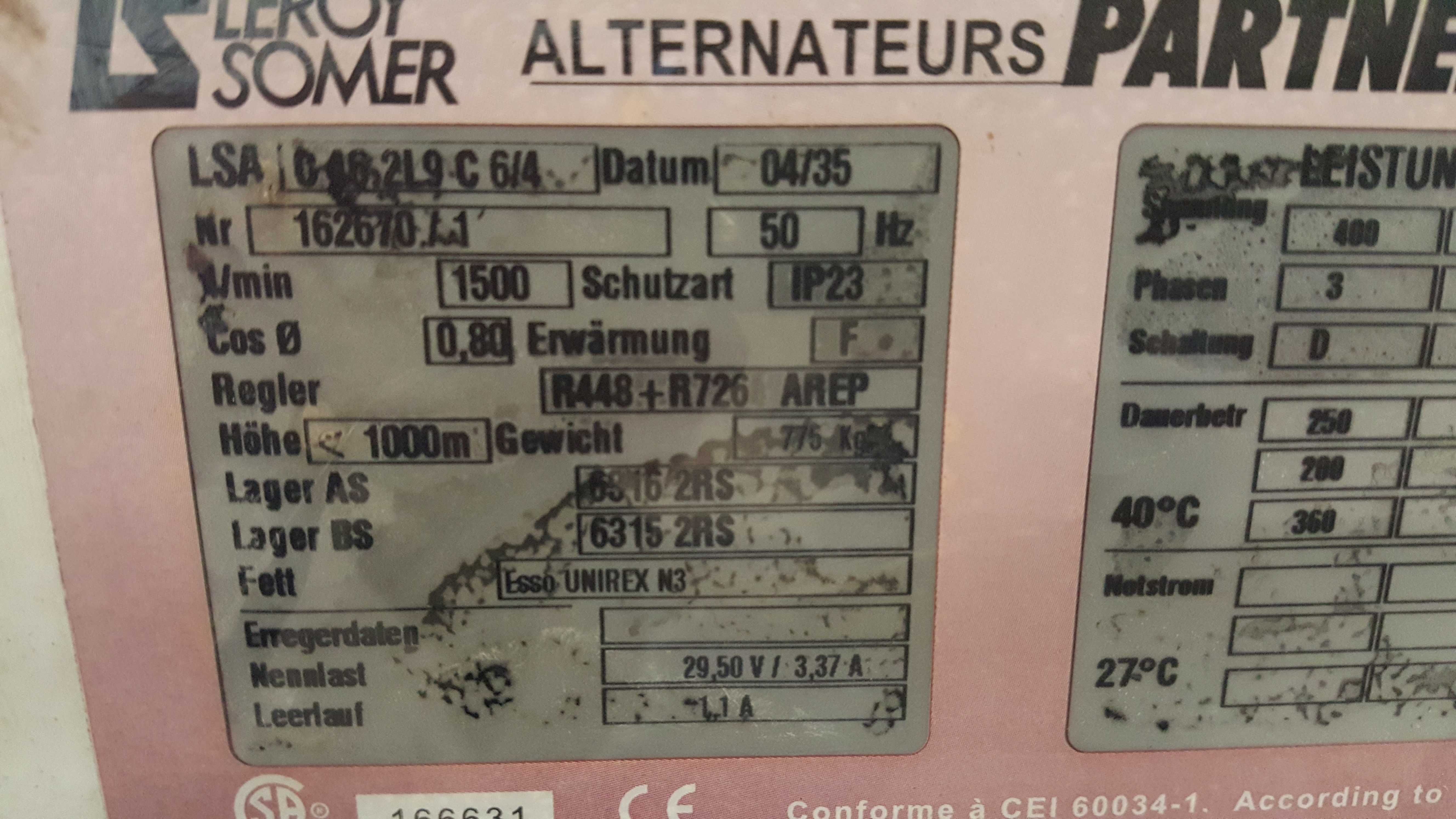 Prądnica alternators LSA 46.2 L9 C 4/6 firmy Leroy Somer 200kW