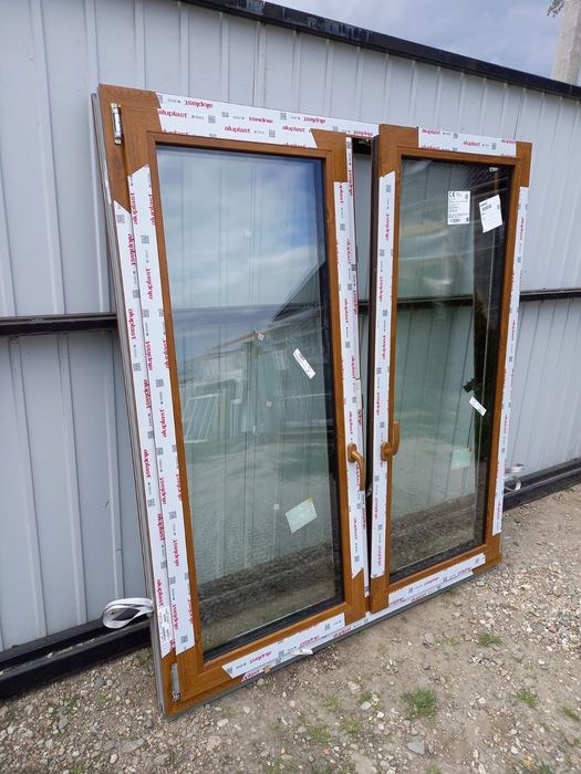 Nowe okno złoty dąb dwuskrzydłowe 144x164 pcv energooszczędne DOWÓZ CA