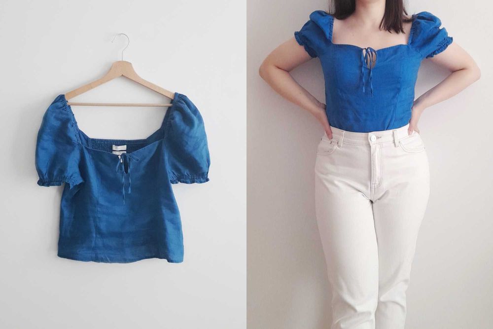 Blusa azul real com mangas abalonadas (tam. M)