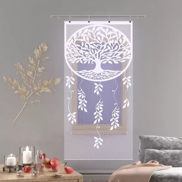 Firanka panel żakardowy frędzle Drzewo Życia 70x165 cm biały