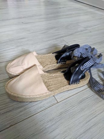 Espadryle sandały wiązane Pull & Bear 39 nowe beż beżowe krata