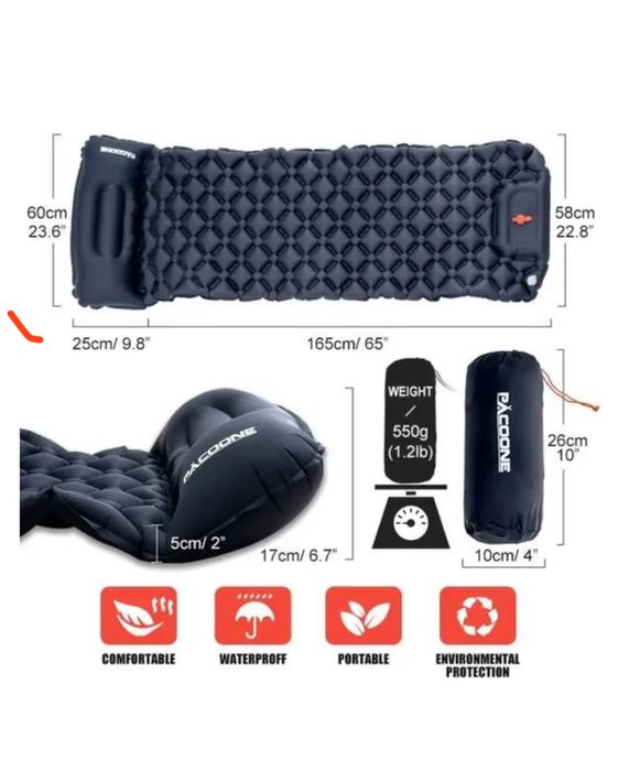 Туристичний надувний матрац PACOONE з подушкою, з вбудованим насосом