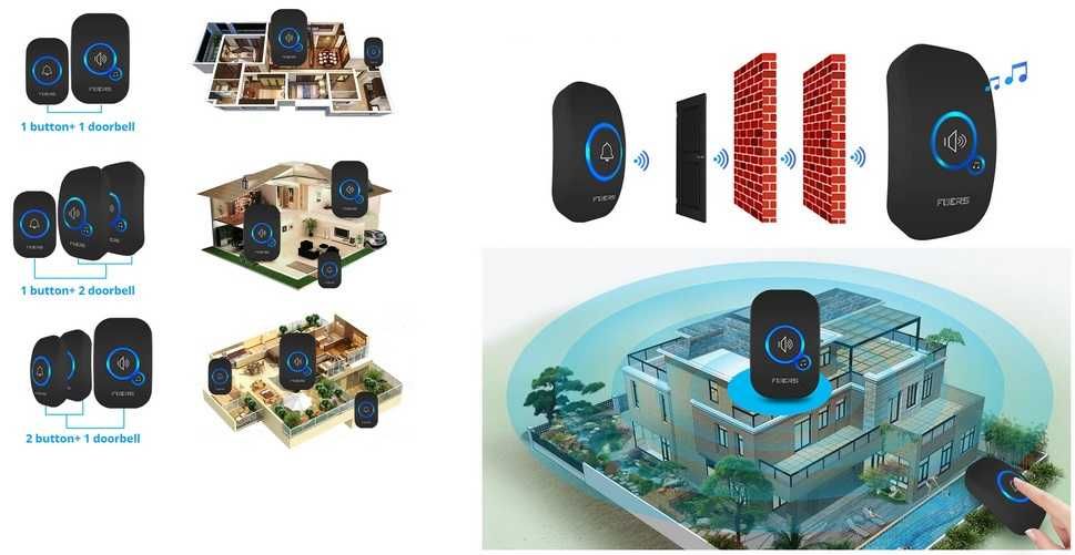 3x DZWONEK 1x ODBIORNIK Bezprzewodowy Zewnętrzny Drzwi 300m 60 melodii