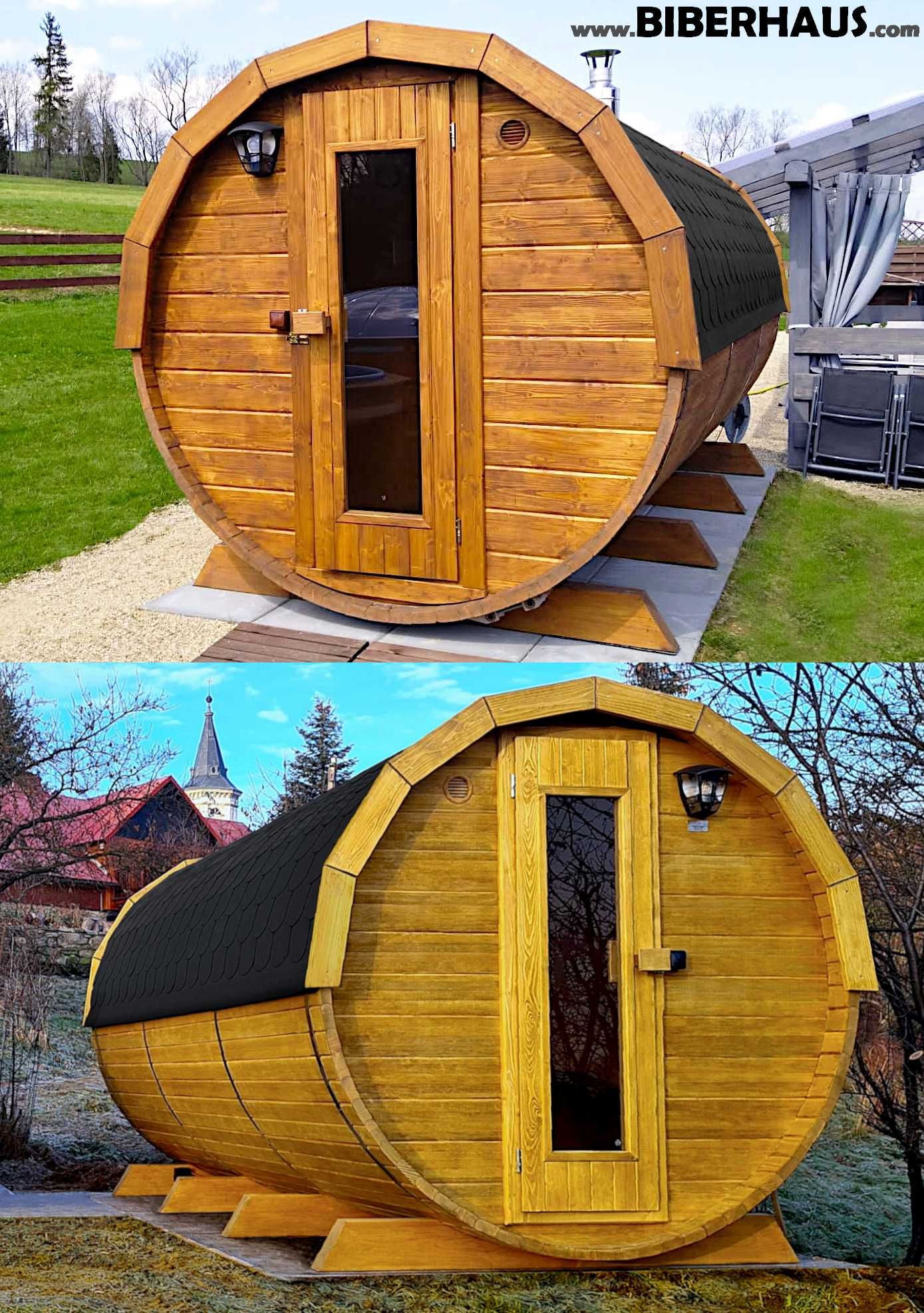 SAUNA Ogrodowa 400 cm + PRZEBIERALNIA + GRATIS Beczka 500L + Akcesoria