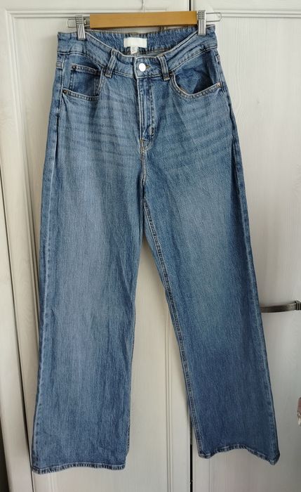 H&M niebieskie jeansy szerokie nogawki wysoki stan bawełniane tall
