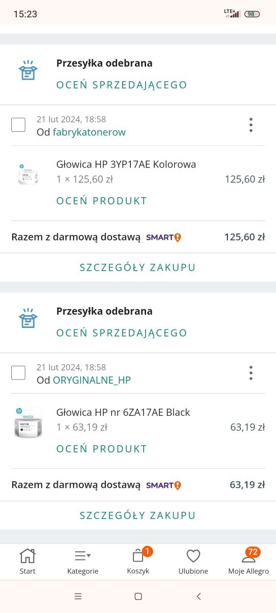 Głowica HP 3YP17AE Kolorowa plus Głowica HP nr 6ZA17AE Black nowe otwa