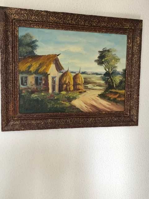 Quadro antigo de paisagem rural com moldura