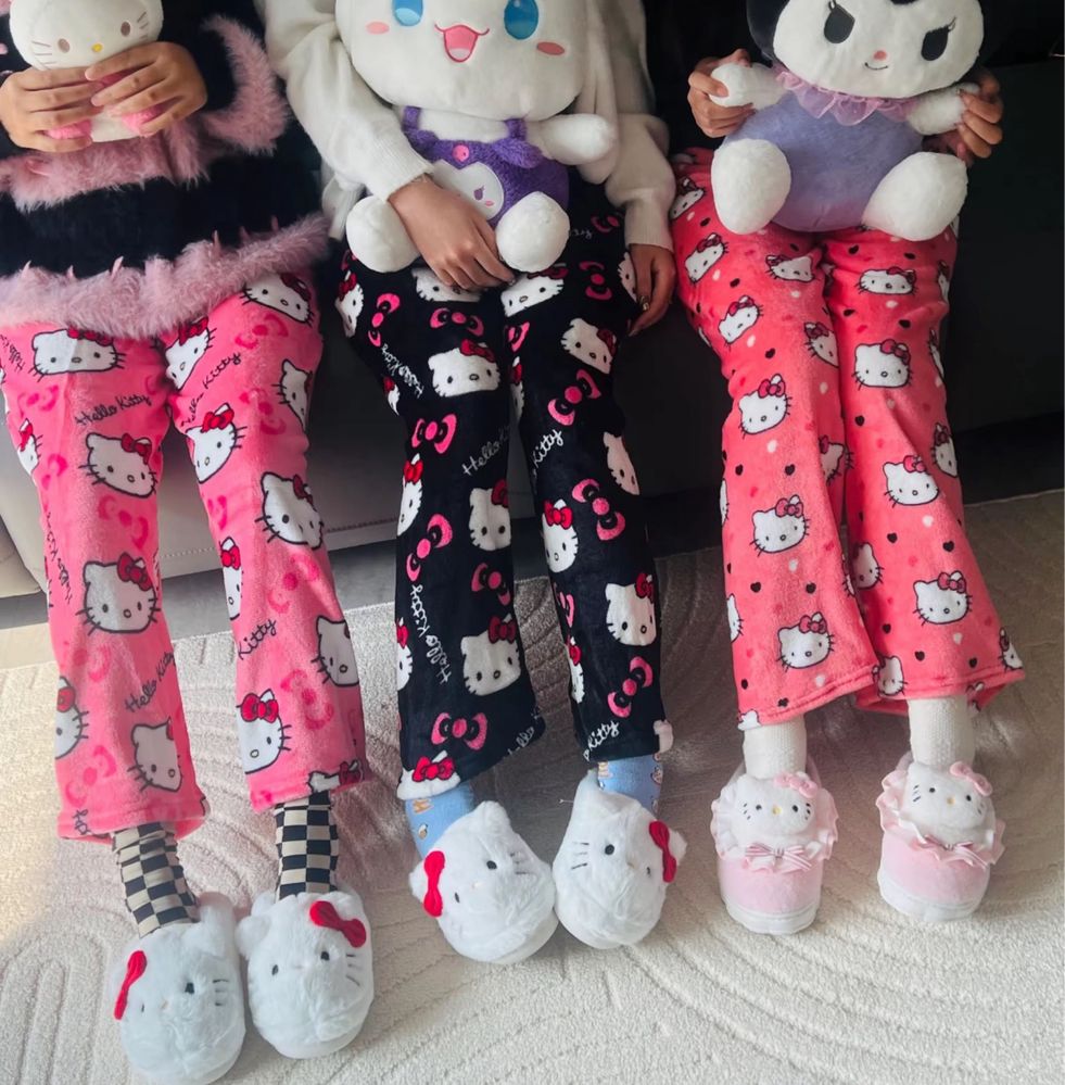 Плюшеві піжамні Штани Hello Kitty дитячі дорослі пижамные штаны китти