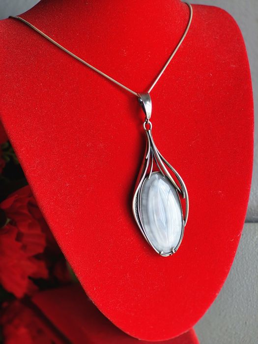 Damski srebrny łańcuszek ogromną zawieszka z kwarcem 925 80 cm