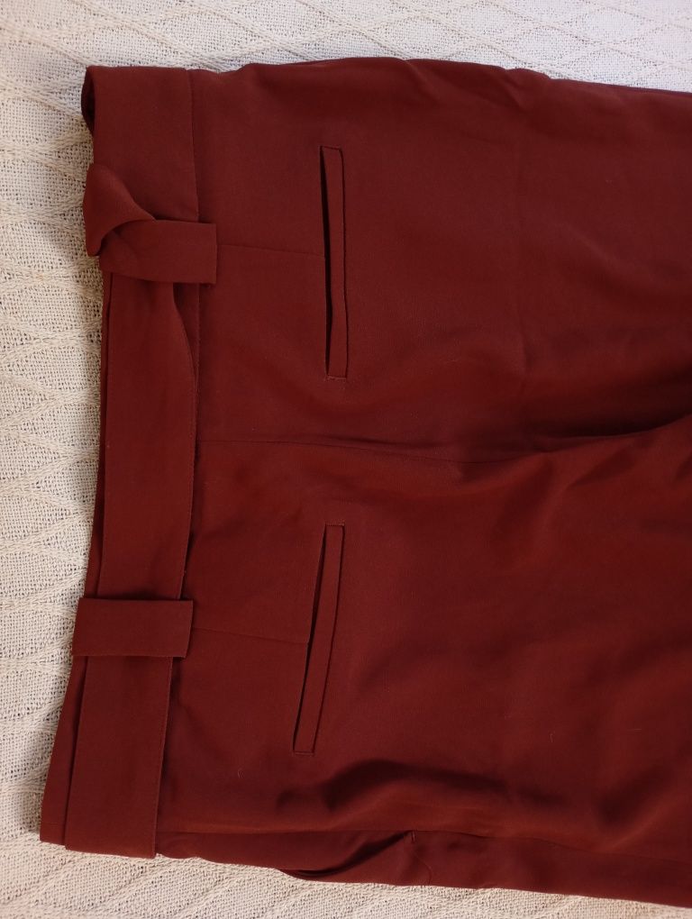 H&M L-XL klasyczne spodnie z paskiem do biura burgund ceglasty brązowy