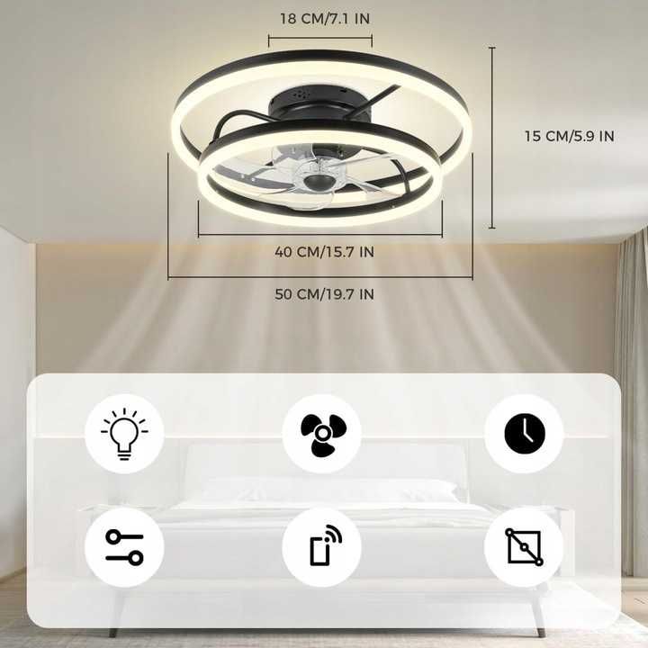 Wentylator Sufitowy z Oświetleniem Lampa Sufitowa z Wiatrakiem 50 cm