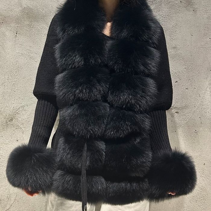 Czarny kardigan damski futro naturalne lis jenot