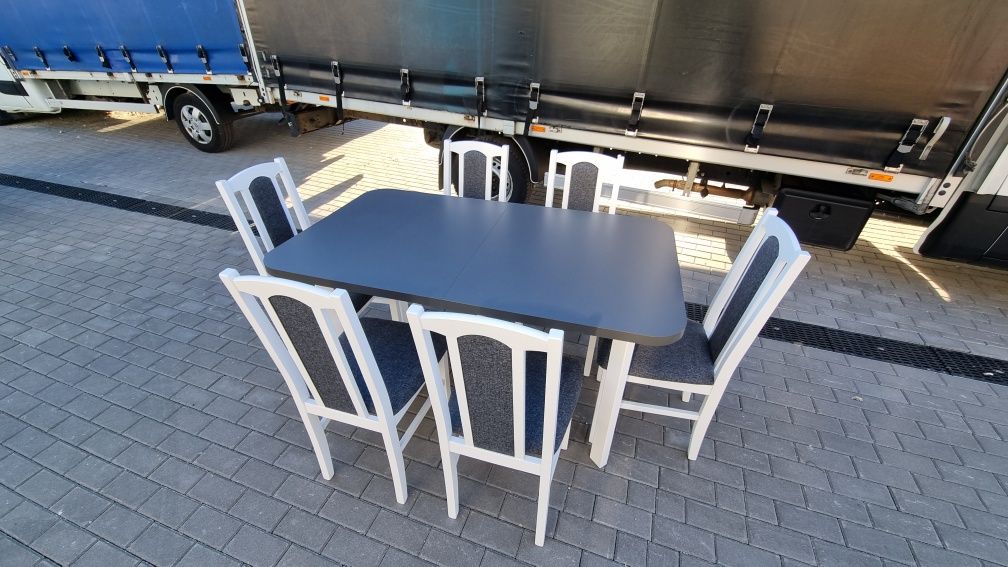 Od ręki: Stół rozkładany + 6 krzeseł, bialy/blat grafit + grafit