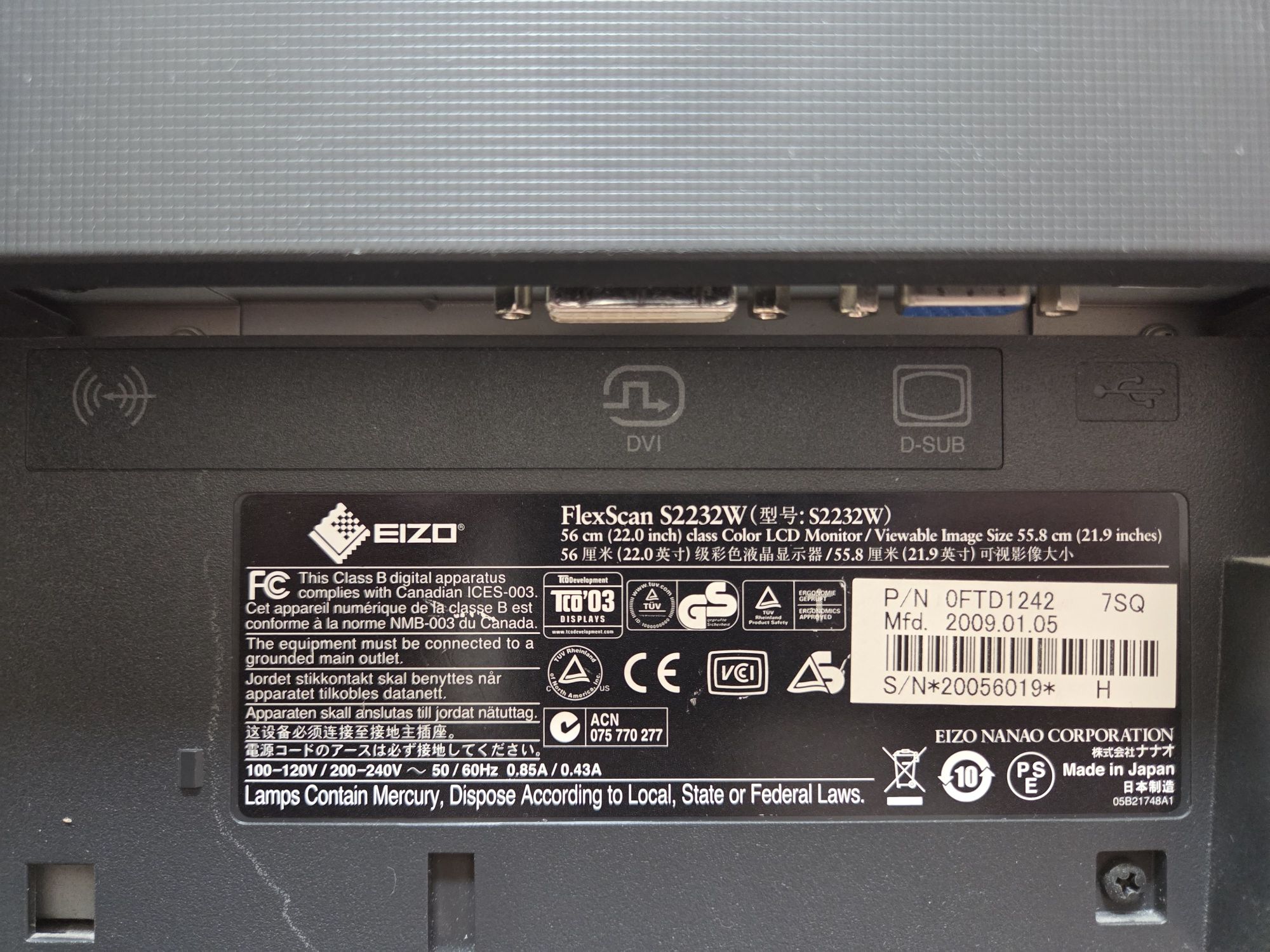 Monitor 22" Eizo FlexScan S2232W