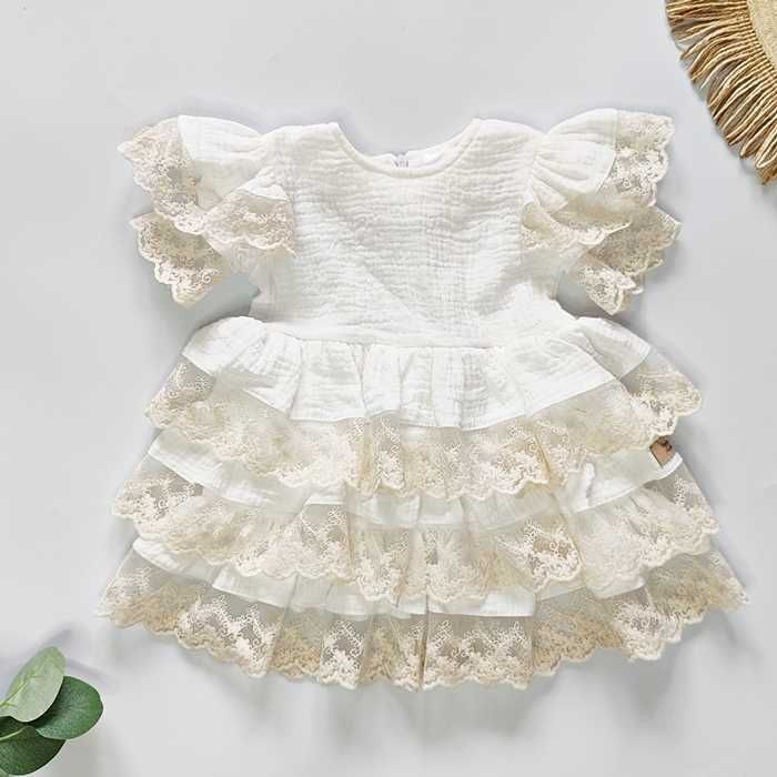 Elegancka muślinowa biała SUKIENKA z koronką, krótki rękaw, chrzest 62