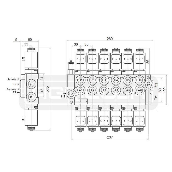 Rozdzielacz hydrauliczny 6 sekcyjny 40L. 12v + panel