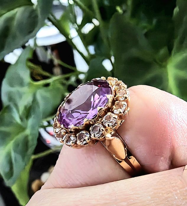 Okazja Złoty stary pierścionek cyrkonie i Ametyst 585 14k R.15