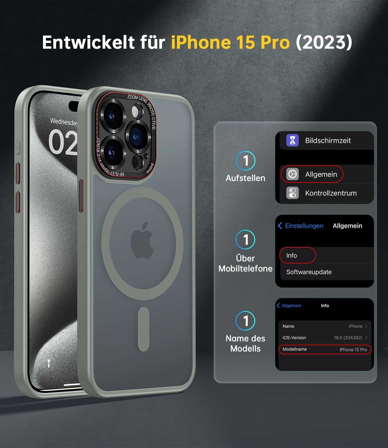 JUESHITUO iPhone 15 Pro etui MagSafe pancerne mocne N56 szare