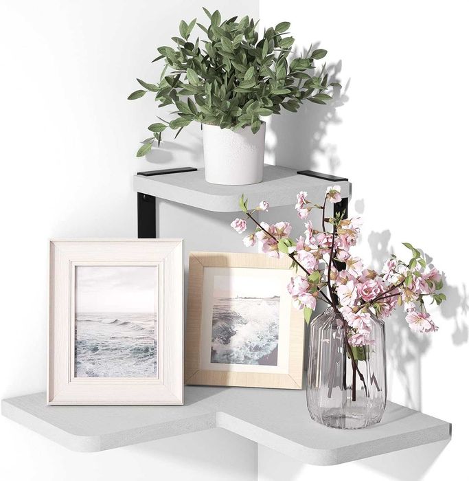 SRIWATANA Półka Narożna Wisząca Drewno Metal Vintage Biała