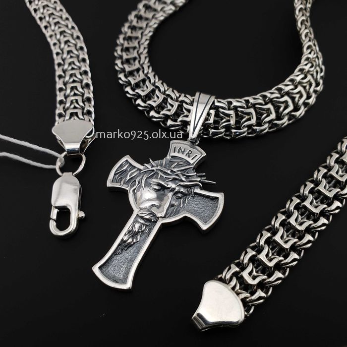 Чоловіча срібна цепочка з хрестиком ланцюжок масивний Фараон 925 проба