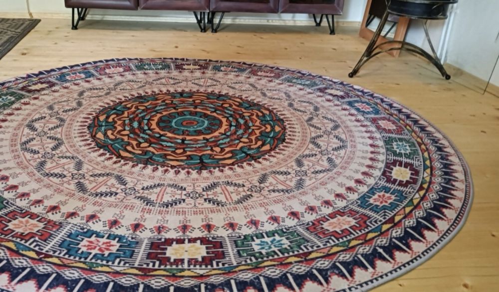 Dywan okrągły retro vintage 150 cm – styl boho, antypoślizgowy