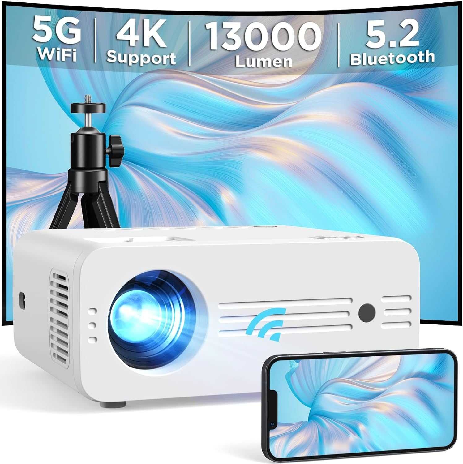 Projetor portátil 5G WiFi Bluetooth com tripé