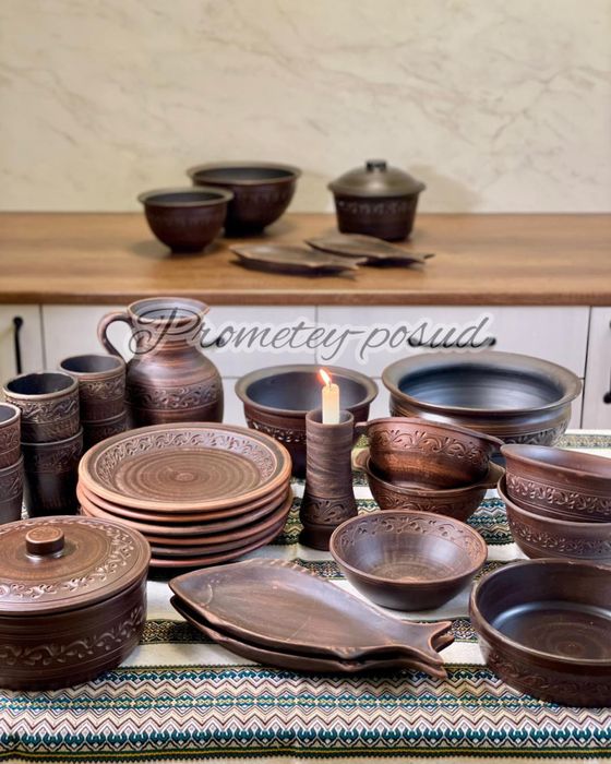 Набір глиняного посуду «Ангоб»,»Мак»,»Візерунок» на 4,6,8,12 осіб