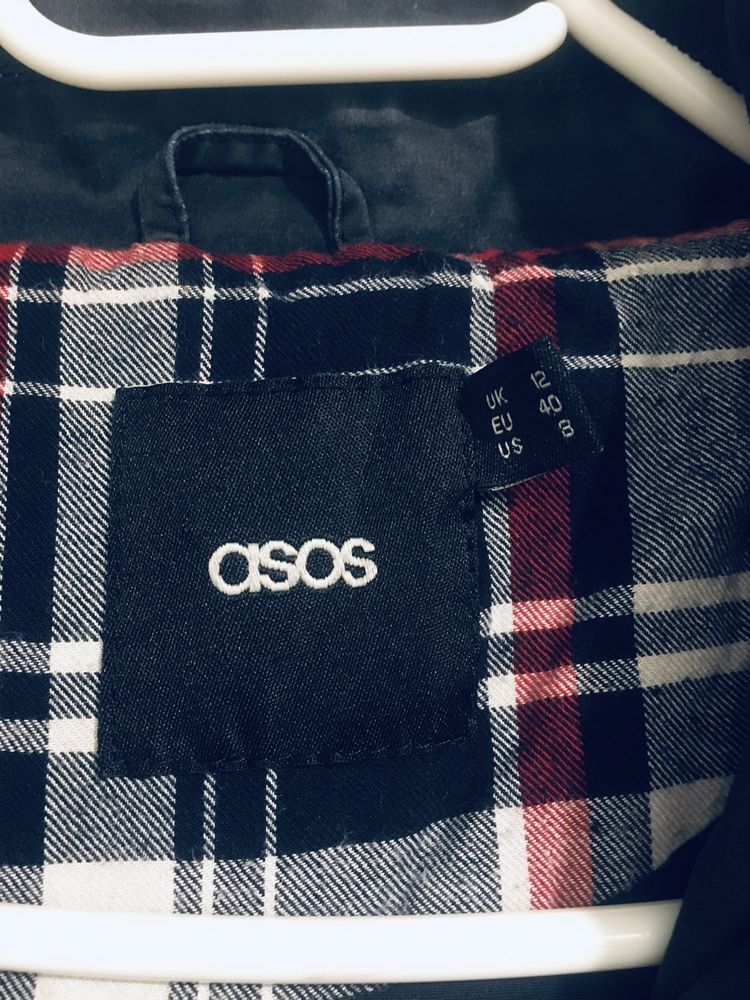 Parka Asos 40 L płaszczyk z troczkami w pasie z kapturem w kratkę gran