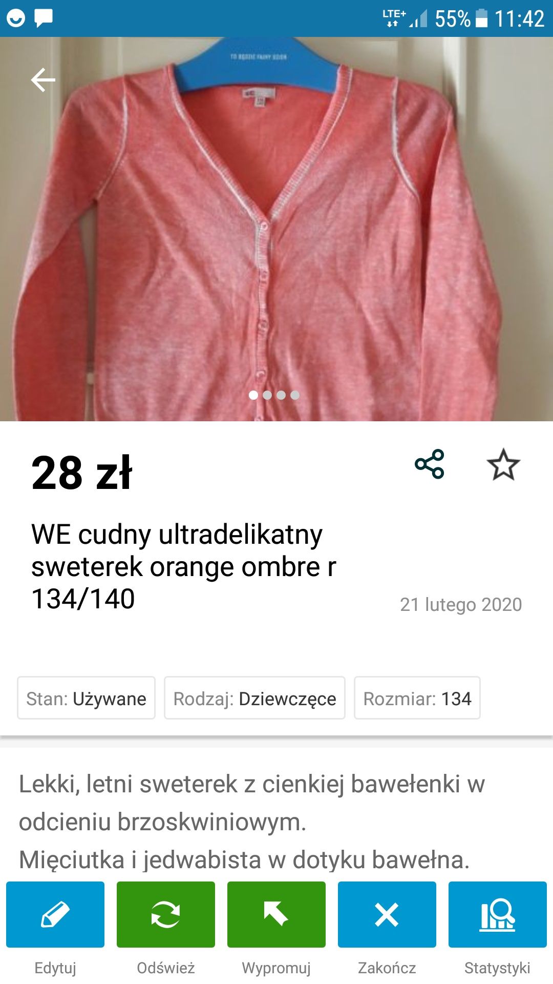 Stylowy zestaw sweter orange ombre/spódnica len haft r 140/146