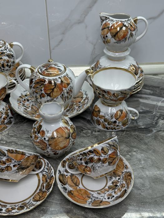 Вінтажний з кістяної порцеляни чайний сервіз Золота осінь ЛПЗ ЛФЗ