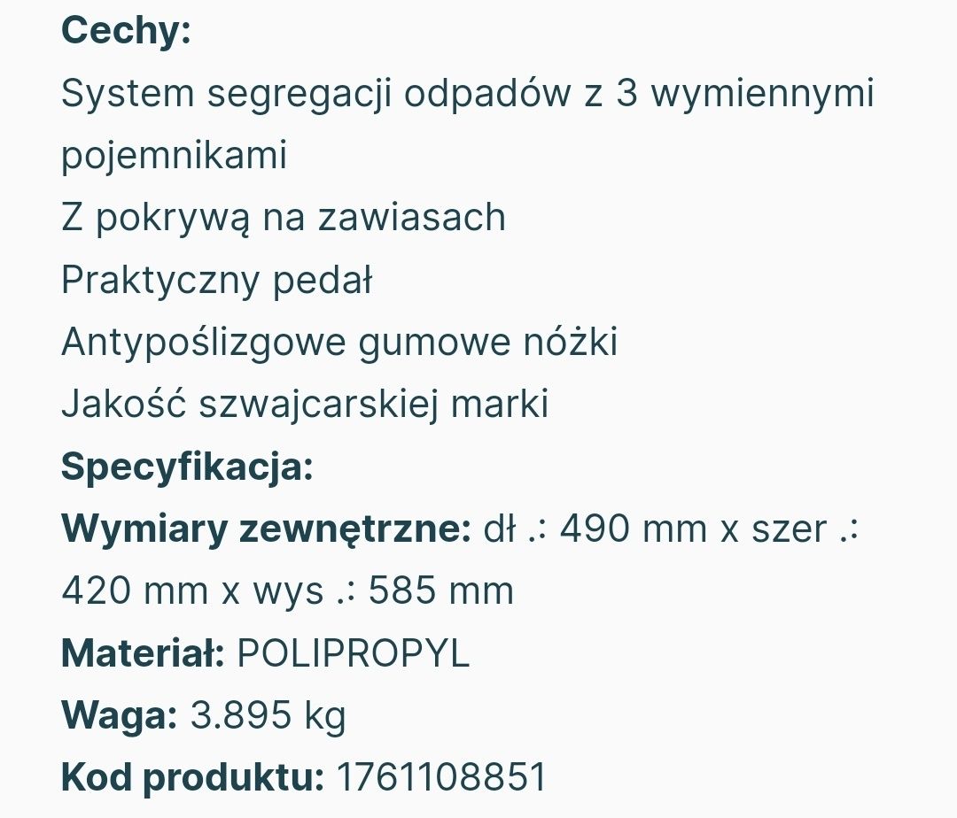 Kosz na śmieci. 3 komory 2x15 i 10 litrów - NOWY