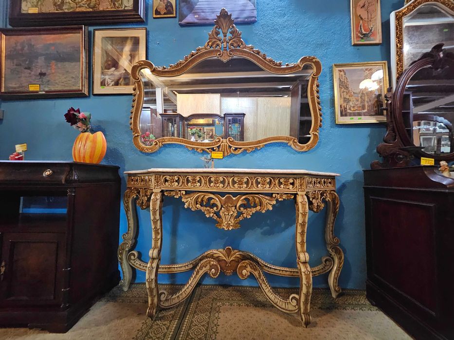 Conjunto de lindíssima consola em madeira com tampo em pedra mai